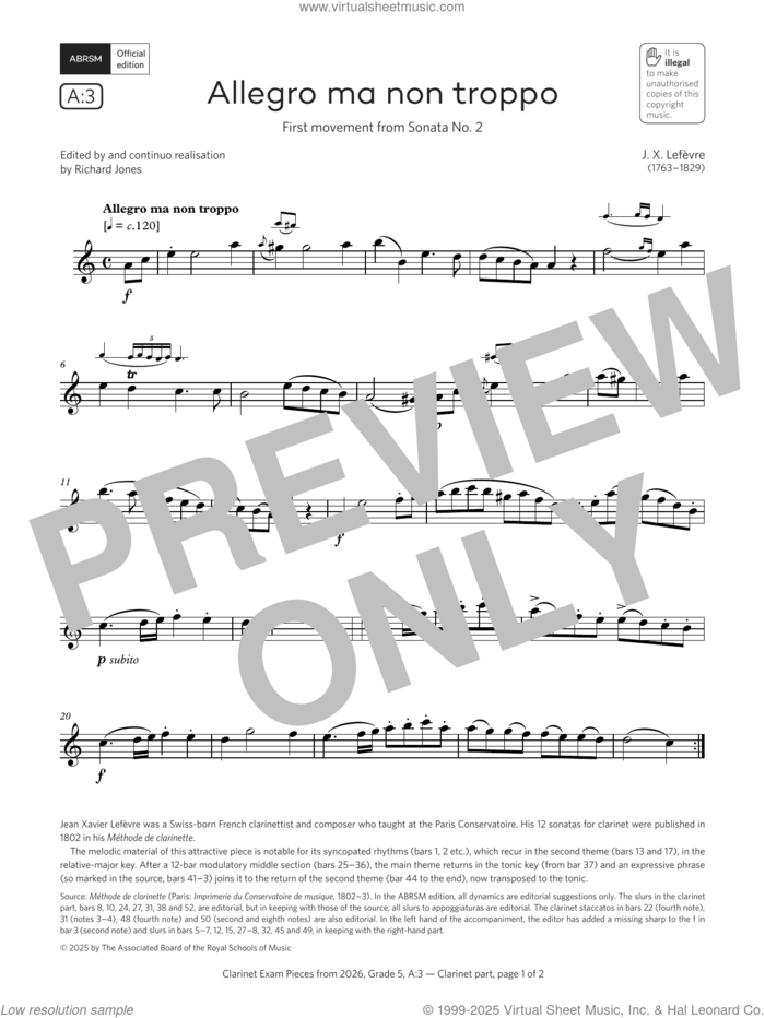 Allegro ma non troppo (Grade 5, list A3, from the ABRSM Clarinet Syllabus from 2026) sheet music for clarinet solo by Jean Xavier Lefèvre, classical score, intermediate skill level