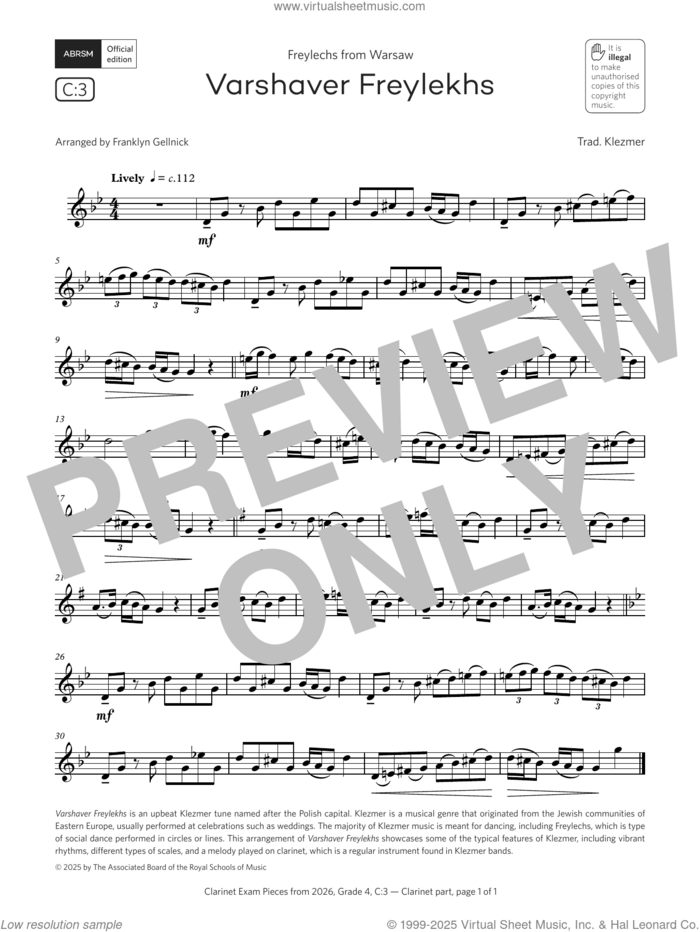 Varshaver Freylekhs (Grade 4, list C3, from the ABRSM Clarinet Syllabus from 2026) sheet music for clarinet solo by Trad. Klezmer and Franklyn Gellnick, classical score, intermediate skill level