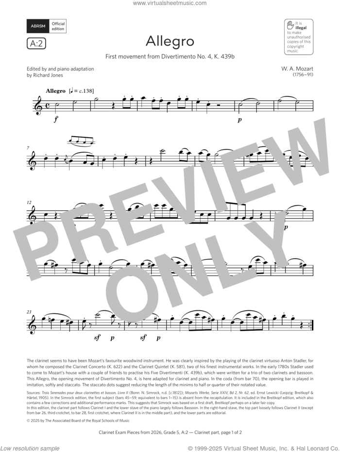 Allegro (Grade 5, list A2, from the ABRSM Clarinet Syllabus from 2026) sheet music for clarinet solo by Wolfgang Amadeus Mozart, classical score, intermediate skill level