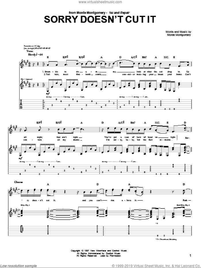Sorry Doesn't Cut It sheet music for guitar (tablature) by Monte Montgomery, intermediate skill level