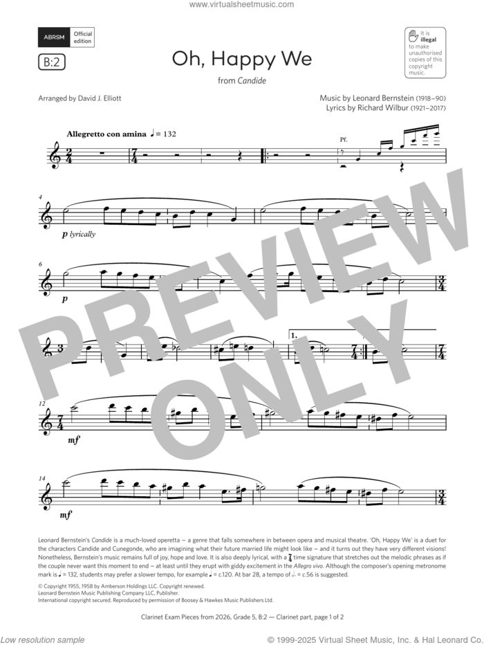 Oh, Happy We (Grade 5, list B2, from the ABRSM Clarinet Syllabus from 2026) sheet music for clarinet solo by Leonard Bernstein, David J. Elliot and Richard Wilbur, classical score, intermediate skill level