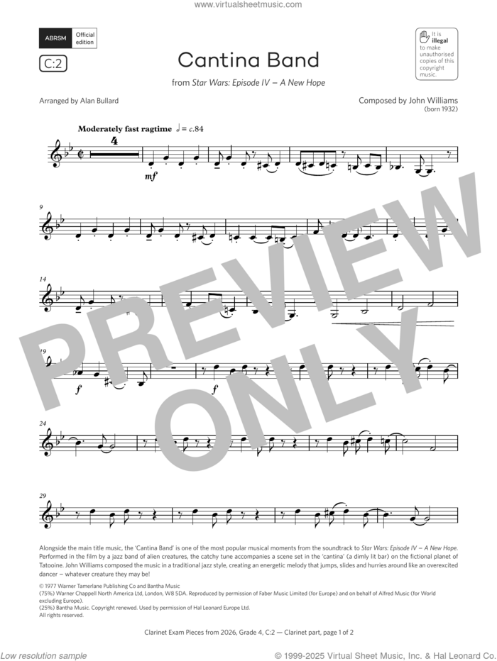 Cantina Band (Grade 4, list C2, from the ABRSM Clarinet Syllabus from 2026) sheet music for clarinet solo by John Williams and Alan Bullard, intermediate skill level