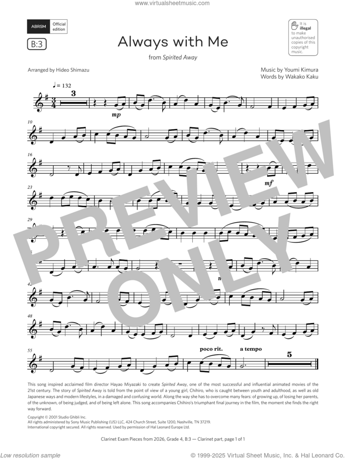 Always with Me (Grade 4, list B3, from the ABRSM Clarinet Syllabus from 2026) sheet music for clarinet solo by Youmi Kimura, Hideo Shimazu and Wakako Kaku, classical score, intermediate skill level