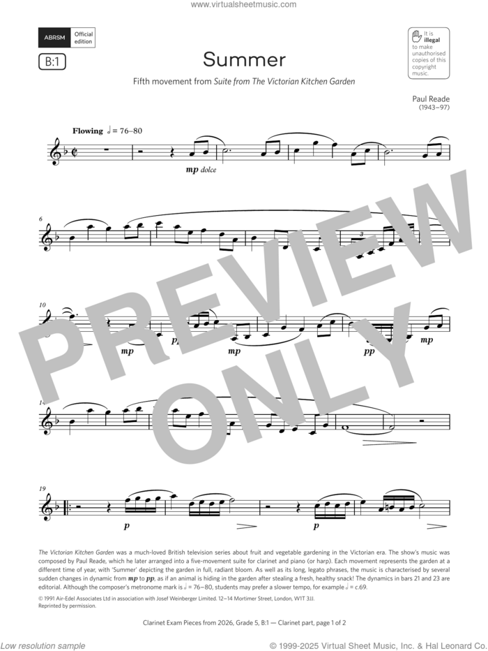 Summer (Grade 5, list B1, from the ABRSM Clarinet Syllabus from 2026) sheet music for clarinet solo by Paul Reade, classical score, intermediate skill level