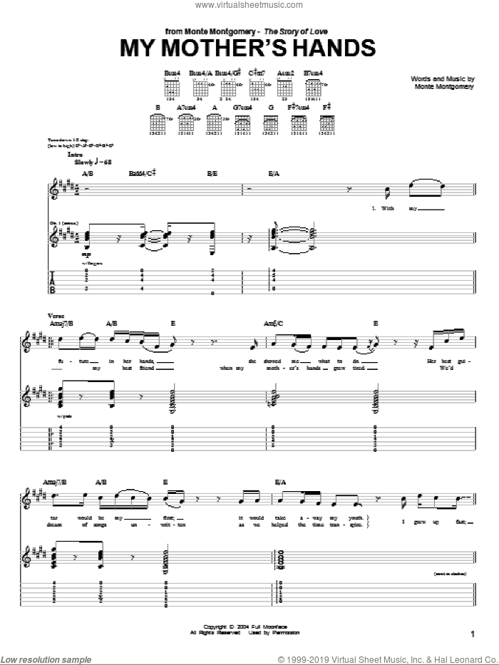 My Mother's Hands sheet music for guitar (tablature) by Monte Montgomery, intermediate skill level