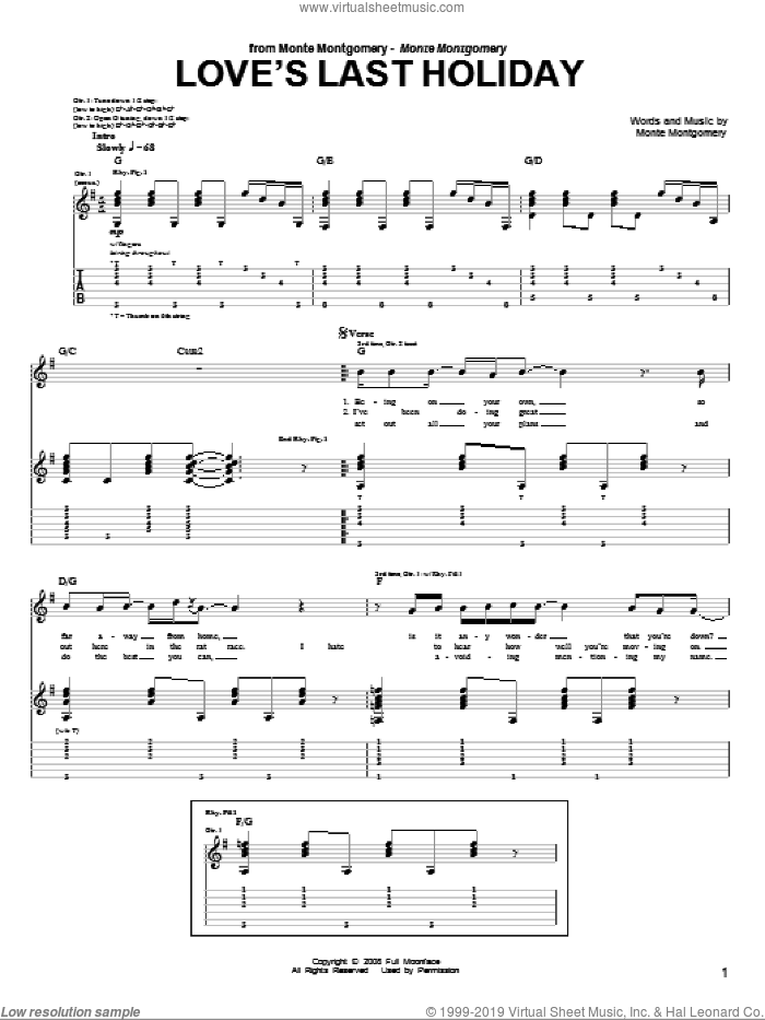 Love's Last Holiday sheet music for guitar (tablature) by Monte Montgomery, intermediate skill level