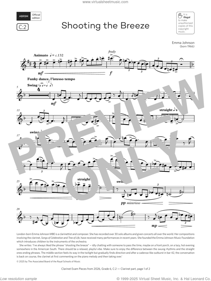 Shooting the Breeze (Grade 6, list C2, from the ABRSM Clarinet Syllabus from 2026) sheet music for clarinet solo by Emma Johnson, classical score, intermediate skill level