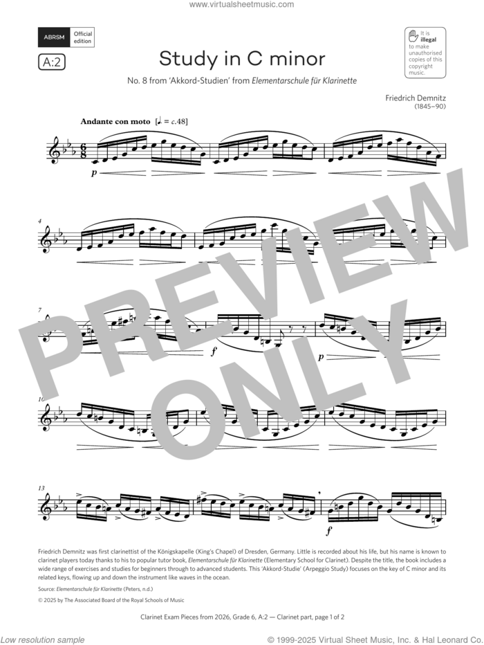 Study in C minor (Grade 6, list A2, from the ABRSM Clarinet Syllabus from 2026) sheet music for clarinet solo by Friedrich Demnitz, classical score, intermediate skill level