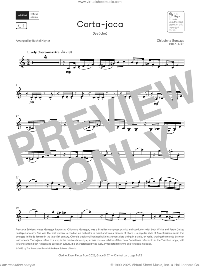 Corta-jaca (Grade 5, list C1, from the ABRSM Clarinet Syllabus from 2026) sheet music for clarinet solo by Chiquinha Gonzaga and Rachel Hayter, classical score, intermediate skill level