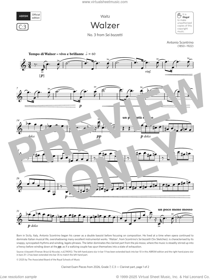 Walzer (Grade 7, list C3, from the ABRSM Clarinet Syllabus from 2026) sheet music for clarinet solo by Antonio Scontrino, classical score, intermediate skill level