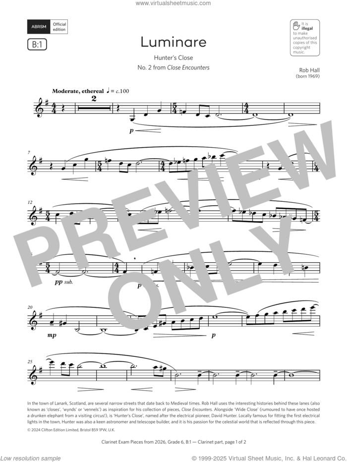 Luminare (Grade 6, list B1, from the ABRSM Clarinet Syllabus from 2026) sheet music for clarinet solo by Rob Hall, classical score, intermediate skill level