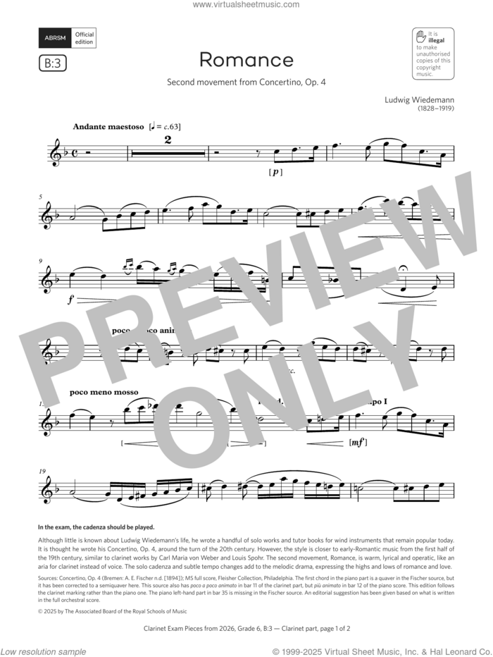 Romance (Grade 6, list B3, from the ABRSM Clarinet Syllabus from 2026) sheet music for clarinet solo by Ludwig Wiedemann, classical score, intermediate skill level