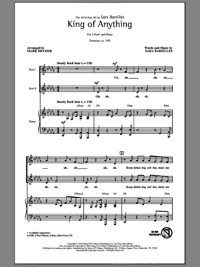 King Of Anything sheet music for choir (2-Part) by Sara Bareilles and Mark Brymer, intermediate duet