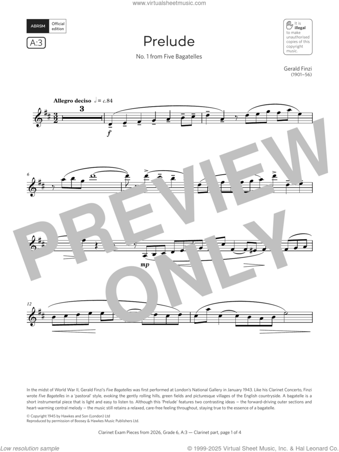 Prelude (Grade 6, list A3, from the ABRSM Clarinet Syllabus from 2026) sheet music for clarinet solo by Gerald Finzi, classical score, intermediate skill level
