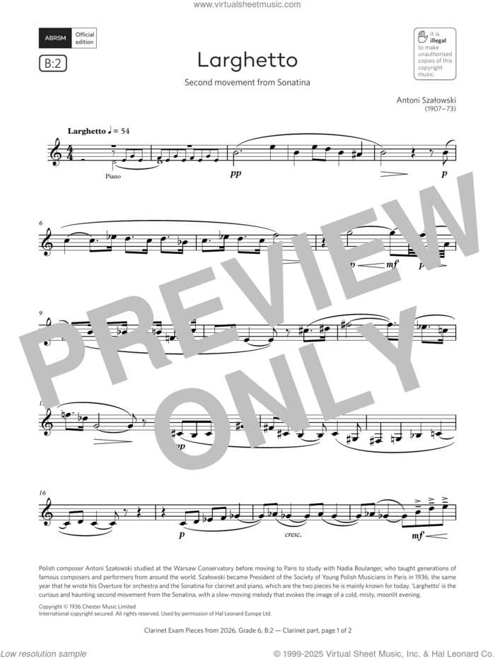 Larghetto (Grade 6, list B2, from the ABRSM Clarinet Syllabus from 2026) sheet music for clarinet solo by Antoni Szalowski, classical score, intermediate skill level