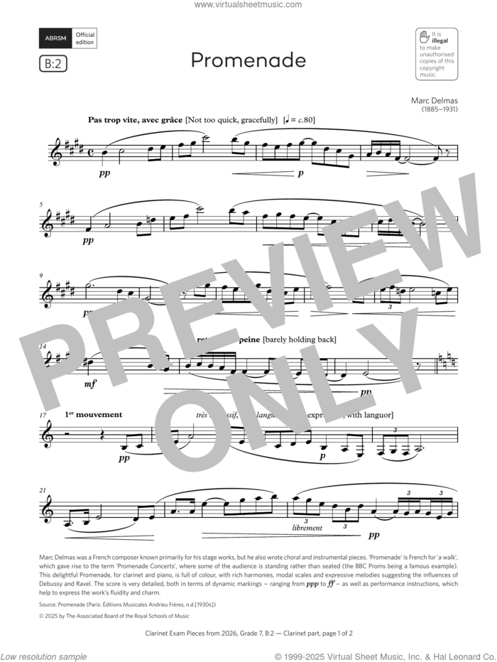 Promenade (Grade 7, list B2, from the ABRSM Clarinet Syllabus from 2026) sheet music for clarinet solo by Marc Delmas, classical score, intermediate skill level