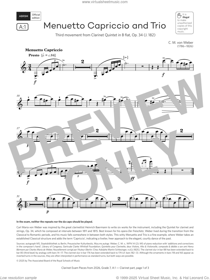 Menuetto Capriccio and Trio (Grade 7, list A1, from the ABRSM Clarinet Syllabus from 2026) sheet music for clarinet solo by Carl Maria Von Weber, classical score, intermediate skill level