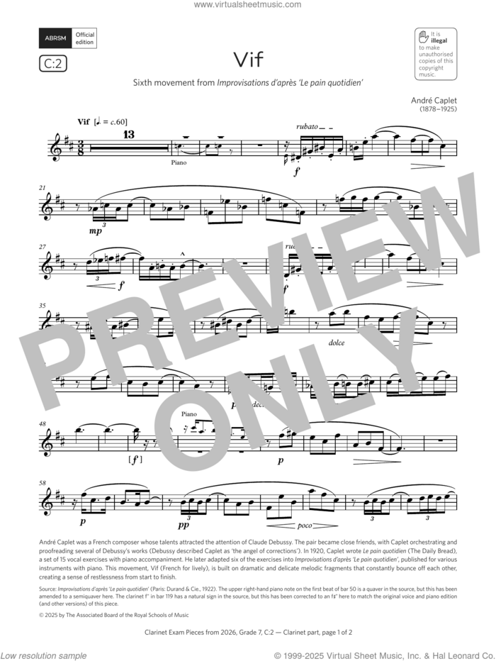 Vif (Grade 7, list C2, from the ABRSM Clarinet Syllabus from 2026) sheet music for clarinet solo by André Caplet, classical score, intermediate skill level