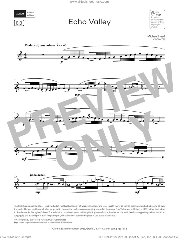 Echo Valley (Grade 7, list B3, from the ABRSM Clarinet Syllabus from 2026) sheet music for clarinet solo by Michael Head, classical score, intermediate skill level