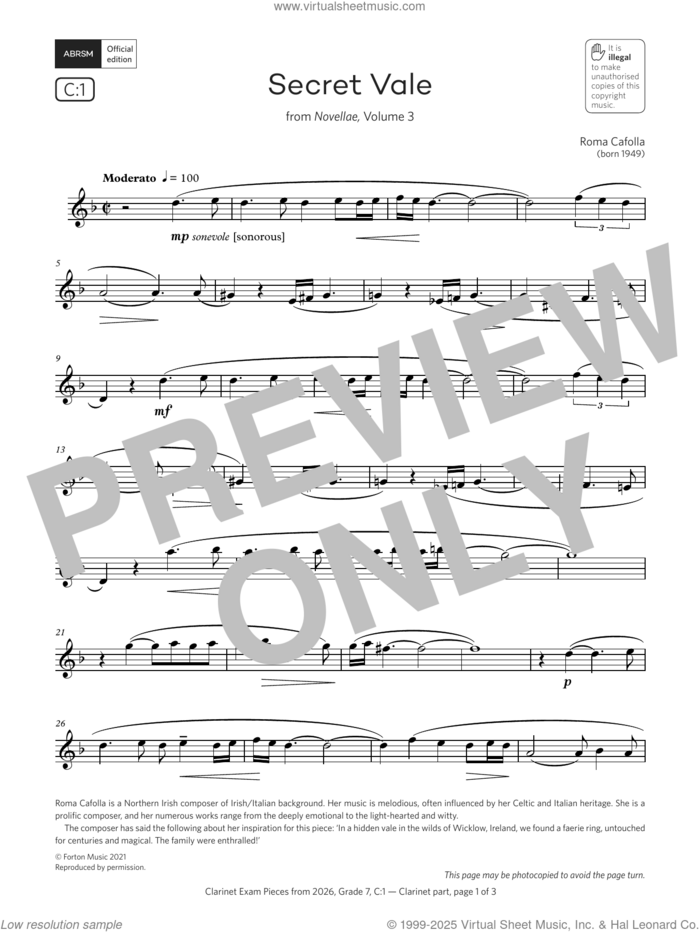 Secret Vale (Grade 7, list C1, from the ABRSM Clarinet Syllabus from 2026) sheet music for clarinet solo by Roma Cafolla, classical score, intermediate skill level