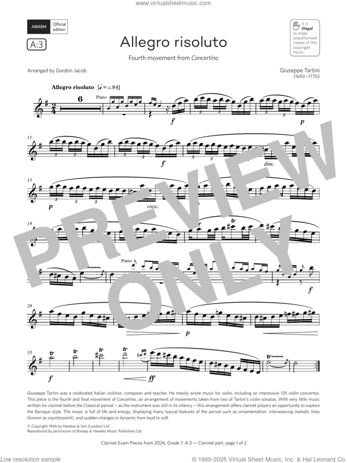 Allegro risoluto (Grade 7, list A3, from the ABRSM Clarinet Syllabus from 2026) sheet music for clarinet solo by Giuseppi Tartini and Gordon Jacob, classical score, intermediate skill level