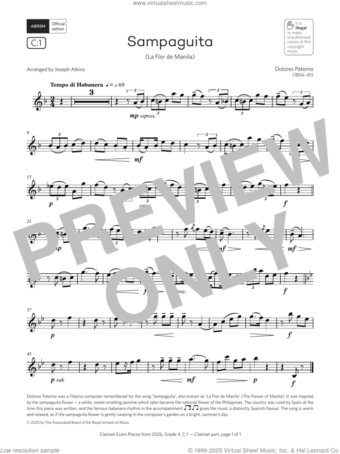 Sampaguita (Grade 4, list C1, from the ABRSM Clarinet Syllabus from 2026) sheet music for clarinet solo by Dolores Paterno and Joseph Atkins, classical score, intermediate skill level