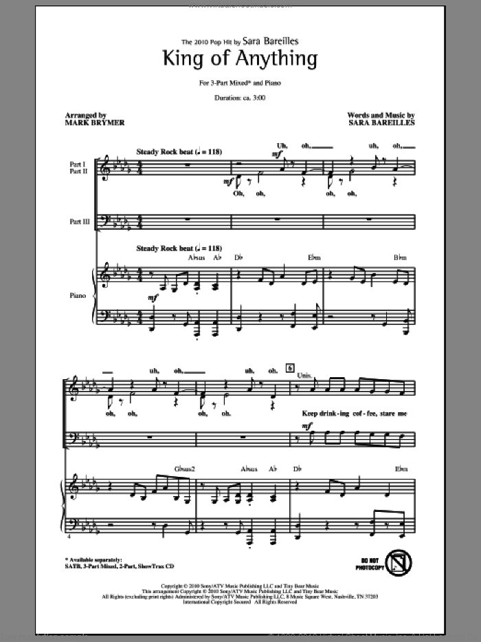 King Of Anything sheet music for choir (3-Part Mixed) by Sara Bareilles and Mark Brymer, intermediate skill level