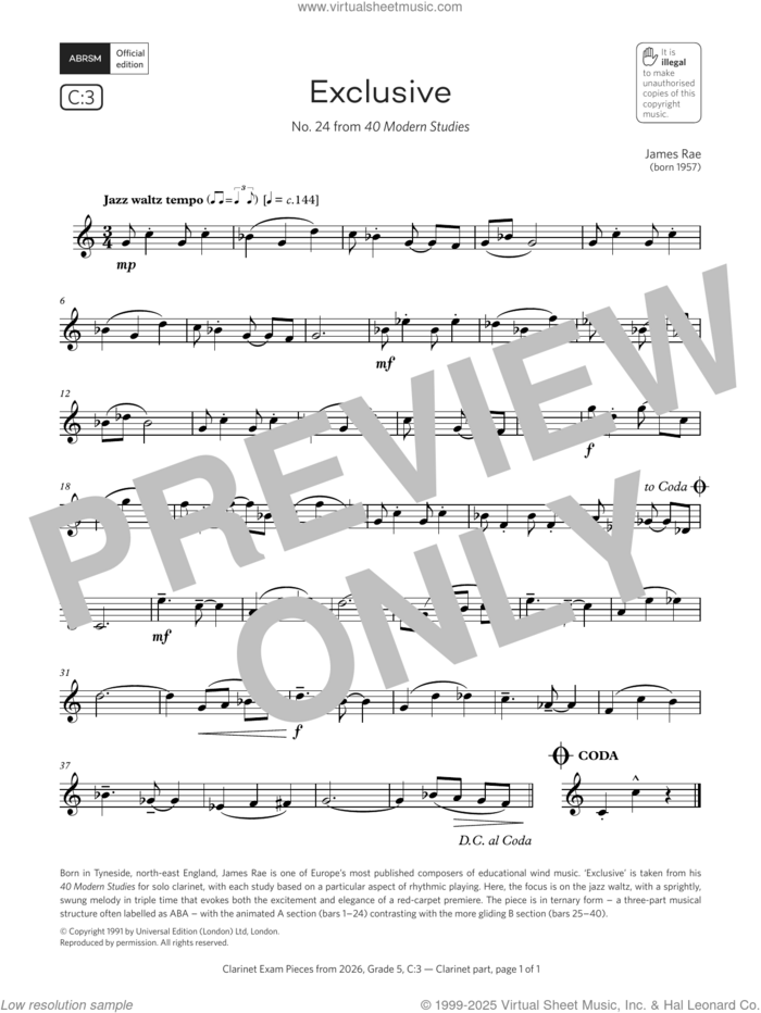Exclusive (Grade 5, list C3, from the ABRSM Clarinet Syllabus from 2026) sheet music for clarinet solo by James Rae, classical score, intermediate skill level