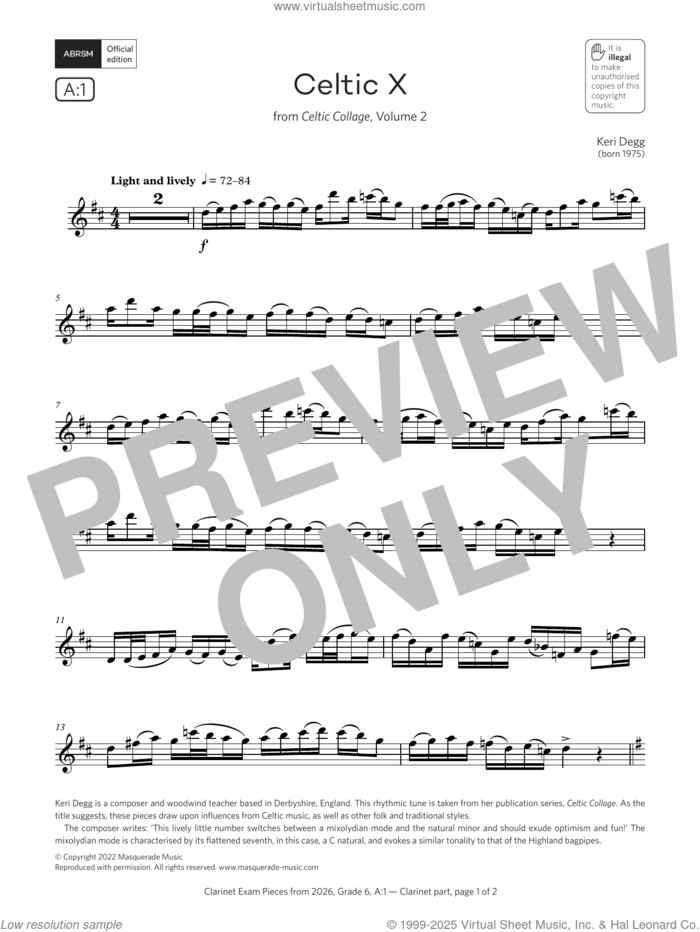 Celtic X (Grade 6, list A1, from the ABRSM Clarinet Syllabus from 2026) sheet music for clarinet solo by Keri Degg, classical score, intermediate skill level