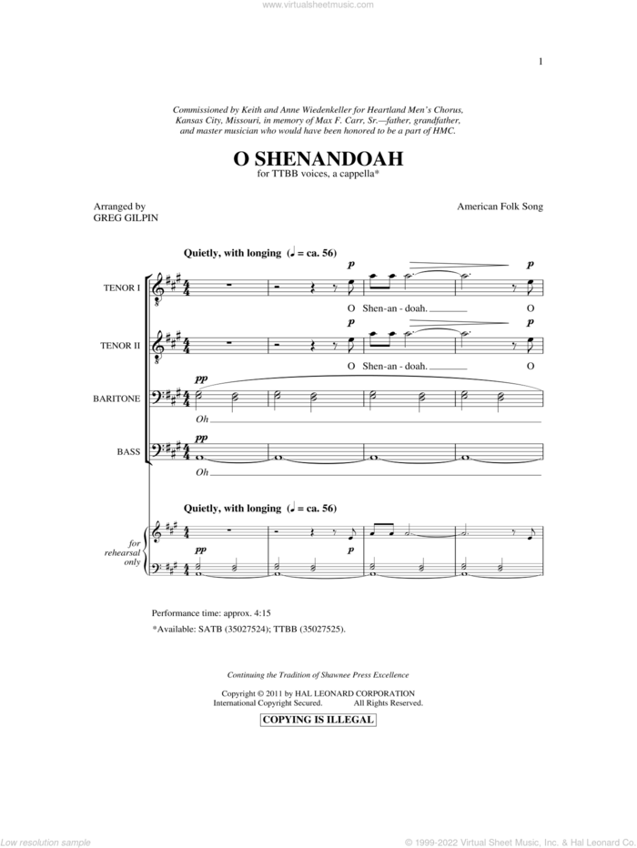 Shenandoah sheet music for choir (TTBB: tenor, bass) by Greg Gilpin and Miscellaneous, intermediate skill level