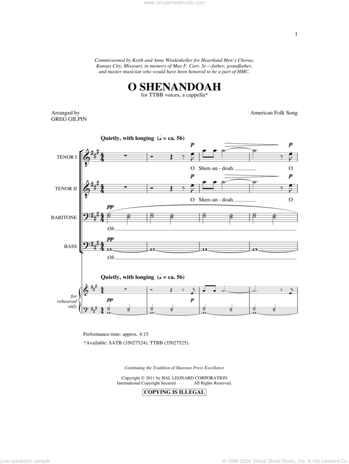 Shenandoah sheet music for choir (TTBB: tenor, bass) by Greg Gilpin and Miscellaneous, intermediate skill level