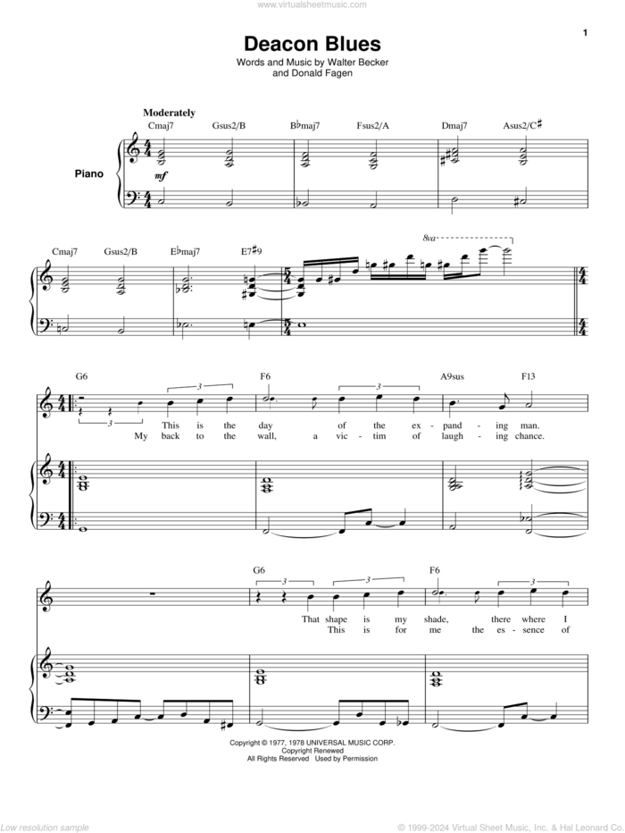 Deacon Blues sheet music for voice and piano by Steely Dan, Donald Fagen and Walter Becker, intermediate skill level