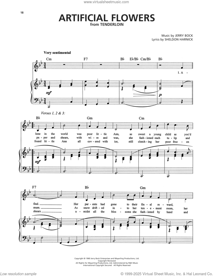 Artificial Flowers (from Tenderloin) sheet music for voice, piano or guitar by Jerry Bock and Sheldon Harnick, intermediate skill level