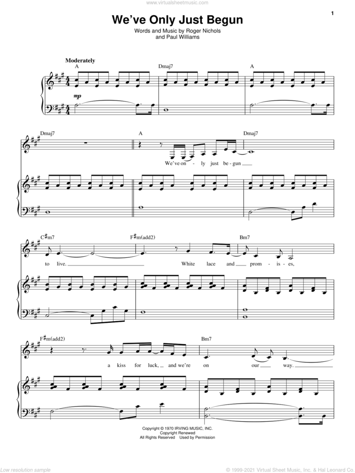 We've Only Just Begun sheet music for voice and piano by Carpenters, Paul Williams and Roger Nichols, wedding score, intermediate skill level