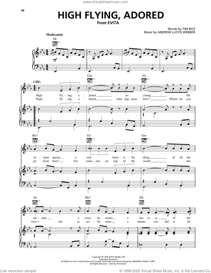 High Flying, Adored (from Evita) sheet music for voice, piano or guitar by Tim Rice and Andrew Lloyd Webber, intermediate skill level