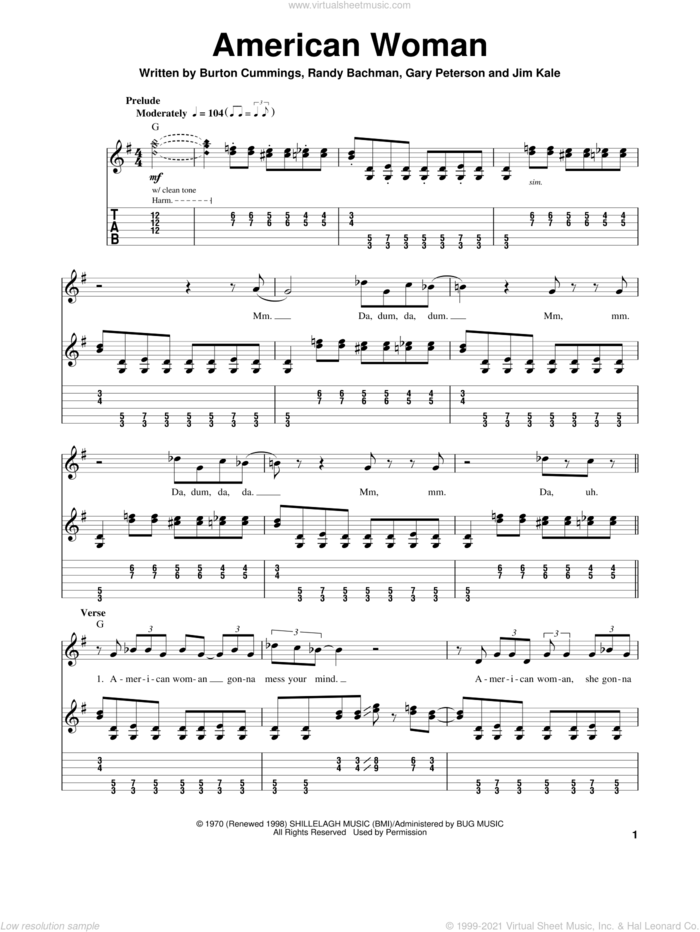American Woman sheet music for guitar (tablature, play-along) by The Guess Who, Lenny Kravitz, Burton Cummings, Gary Peterson, Jim Kale and Randy Bachman, intermediate skill level