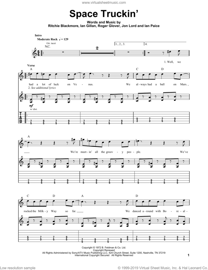 Space Truckin' sheet music for guitar (tablature, play-along) by Deep Purple, Ian Gillan, Ian Paice, Jon Lord, Ritchie Blackmore and Roger Glover, intermediate skill level