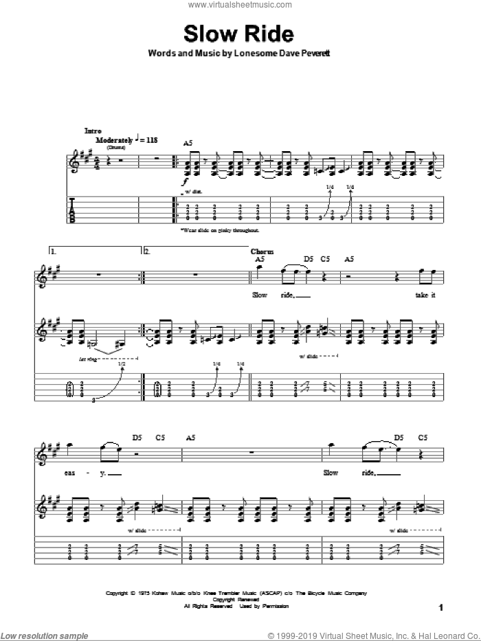 Slow Ride sheet music for guitar (tablature, play-along) by Foghat and Lonesome Dave Peverett, intermediate skill level