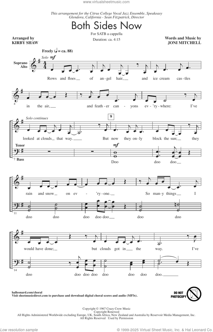 Both Sides Now (arr. Kirby Shaw) sheet music for choir (SATB: soprano, alto, tenor, bass) by Joni Mitchell and Kirby Shaw, intermediate skill level