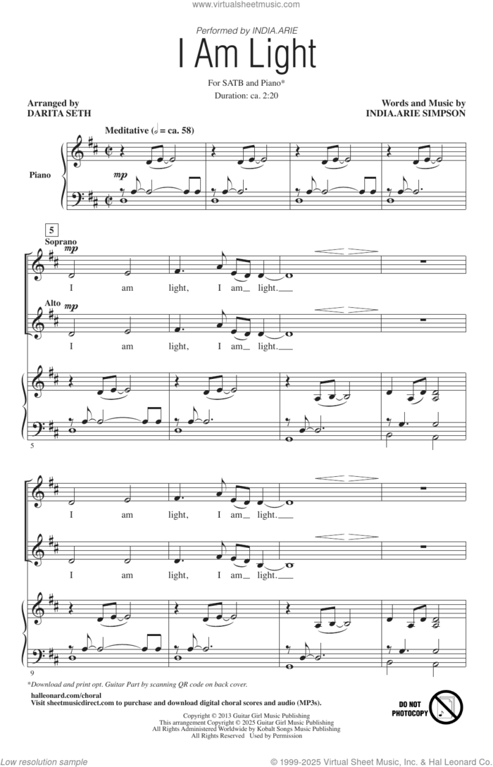 I Am Light (arr. Darita Seth) sheet music for choir (SATB: soprano, alto, tenor, bass) by India Arie, Darita Seth and India.Arie Simpson, intermediate skill level