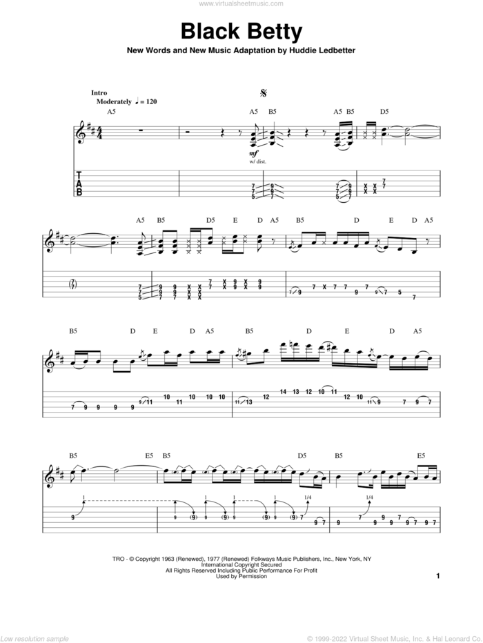 Black Betty sheet music for guitar (tablature, play-along) by Ram Jam, Lead Belly and Huddie Ledbetter, intermediate skill level