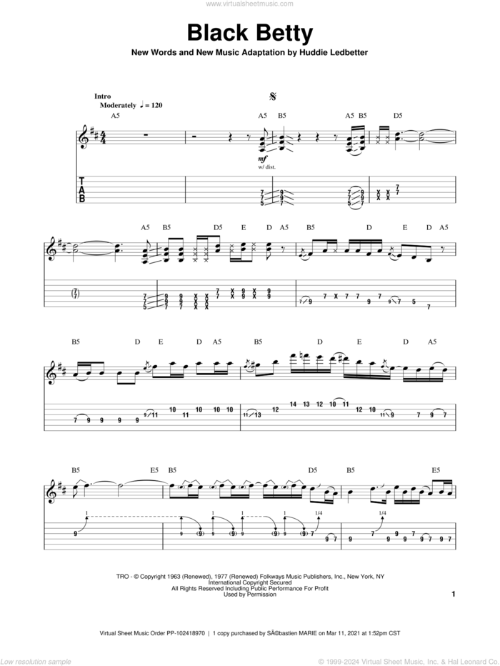 Black Betty sheet music for guitar (tablature, play-along) by Ram Jam, Lead Belly and Huddie Ledbetter, intermediate skill level