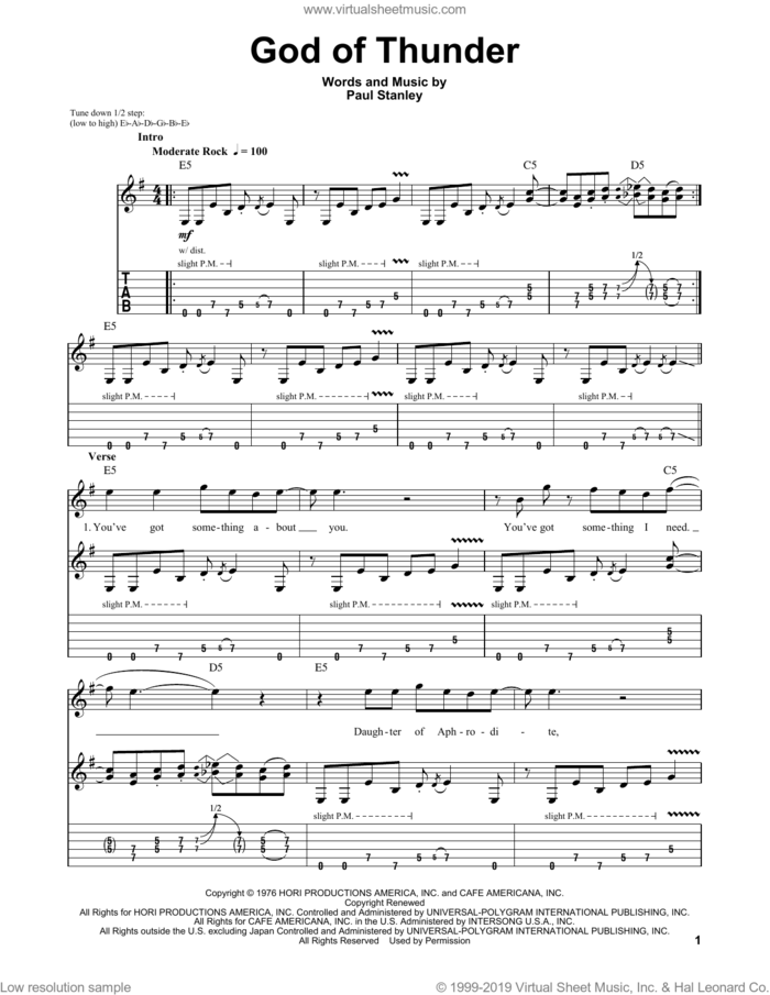 God Of Thunder sheet music for guitar (tablature, play-along) by KISS and Paul Stanley, intermediate skill level
