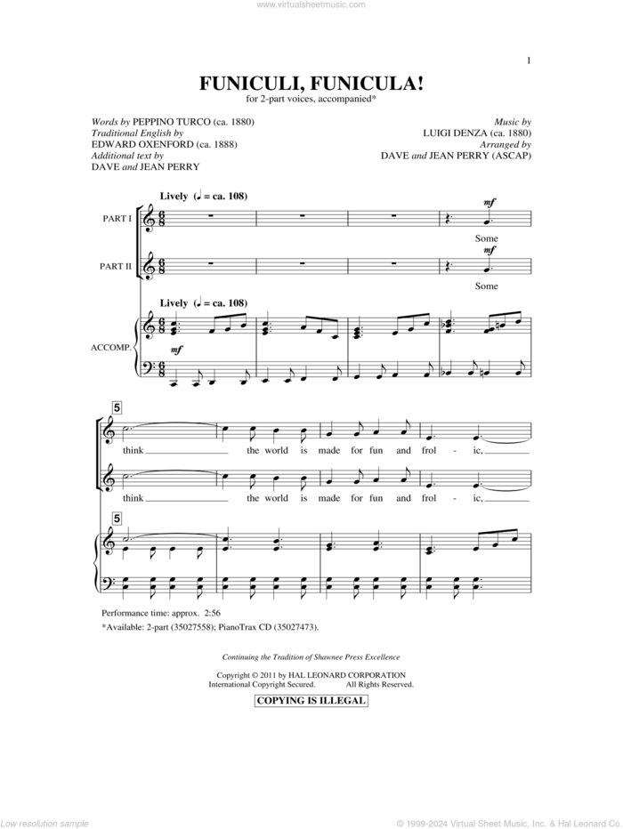 Funiculi, Funicula sheet music for choir (2-Part) by Dave Perry, Jean Perry and Luigi Denza, classical score, intermediate duet