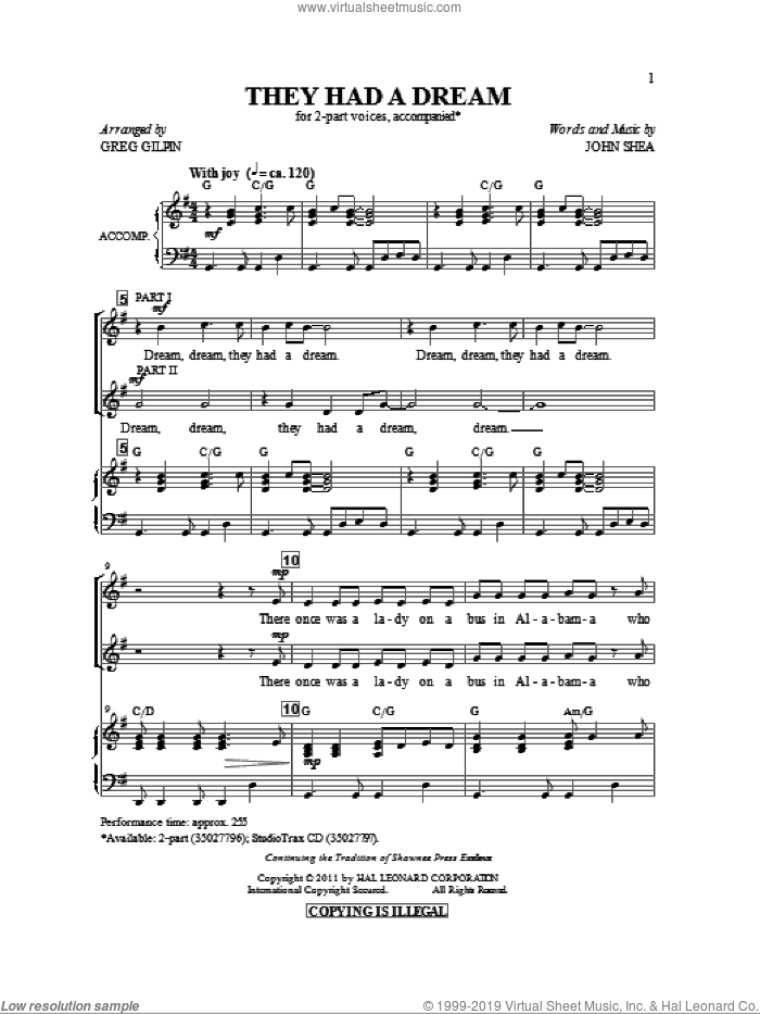 They Had A Dream sheet music for choir (2-Part) by Greg Gilpin and John Shea, intermediate duet