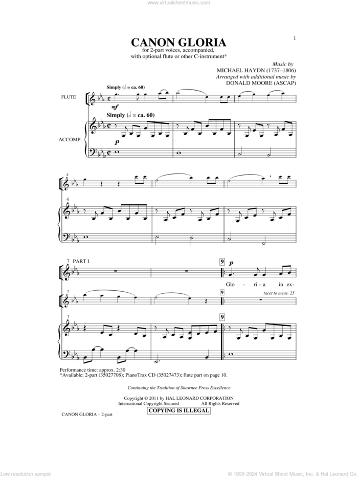 Canon Gloria sheet music for choir (2-Part) by Donald Moore and Johann Michael Haydn, classical score, intermediate duet