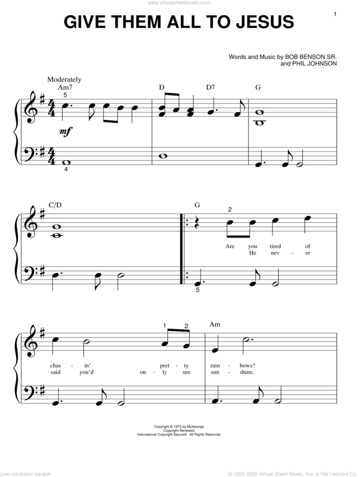Give Them All To Jesus sheet music for piano solo (big note book) by Bo Benson Sr. and Phil Johnson, easy piano (big note book)