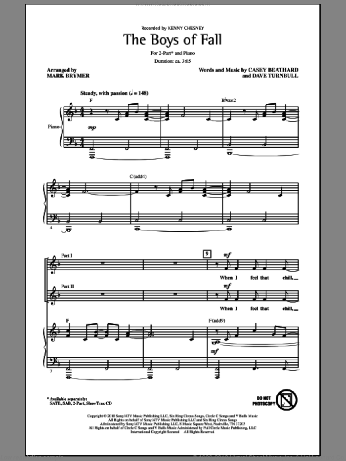 The Boys Of Fall sheet music for choir (2-Part) by Mark Brymer, Casey Beathard, Dave Turnbull and Kenny Chesney, intermediate duet