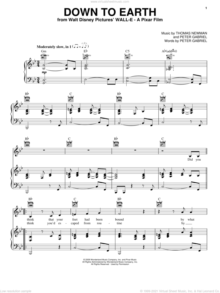 Down To Earth (from WALL-E) sheet music for voice, piano or guitar by Peter Gabriel and Thomas Newman, intermediate skill level