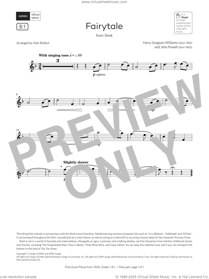 Fairytale (Grade 1, list B1, from the ABRSM Flute Syllabus from 2026) sheet music for flute solo by John Powell, Alan Bullard and Harry Gregson-Williams, classical score, intermediate skill level